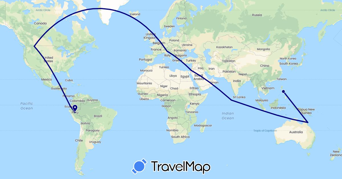 TravelMap itinerary: driving in Australia, Ecuador, Israel, Italy, Maldives, Peru, Philippines, United States (Asia, Europe, North America, Oceania, South America)