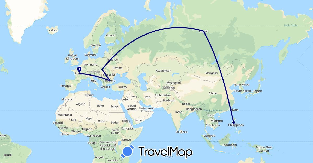 TravelMap itinerary: driving in Bulgaria, France, Philippines, Russia, Slovakia (Asia, Europe)
